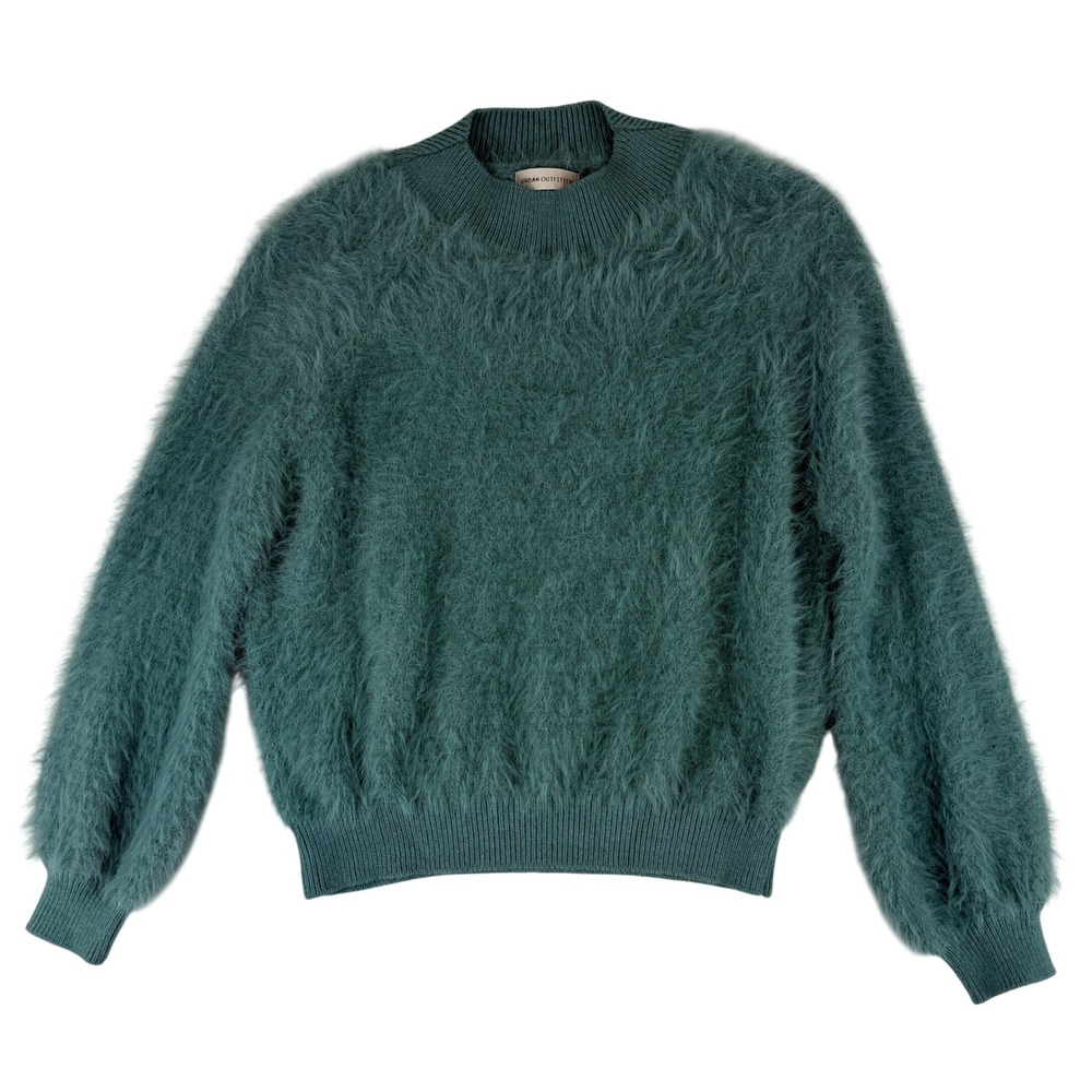 Urban Outfitters Eyelash Knit Sweater Womens Small Teal Green Balloon Sl Fuzzy
